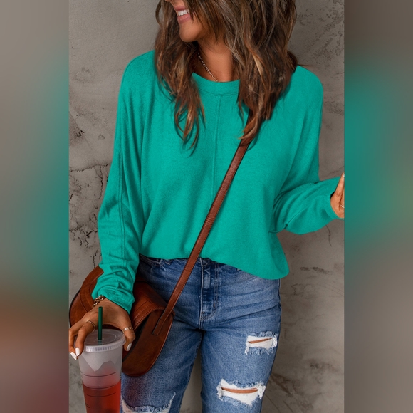 Double Take Turquoise Full Size Round Neck Long Sleeve Warm T-Shirt - Picture 2 of 5